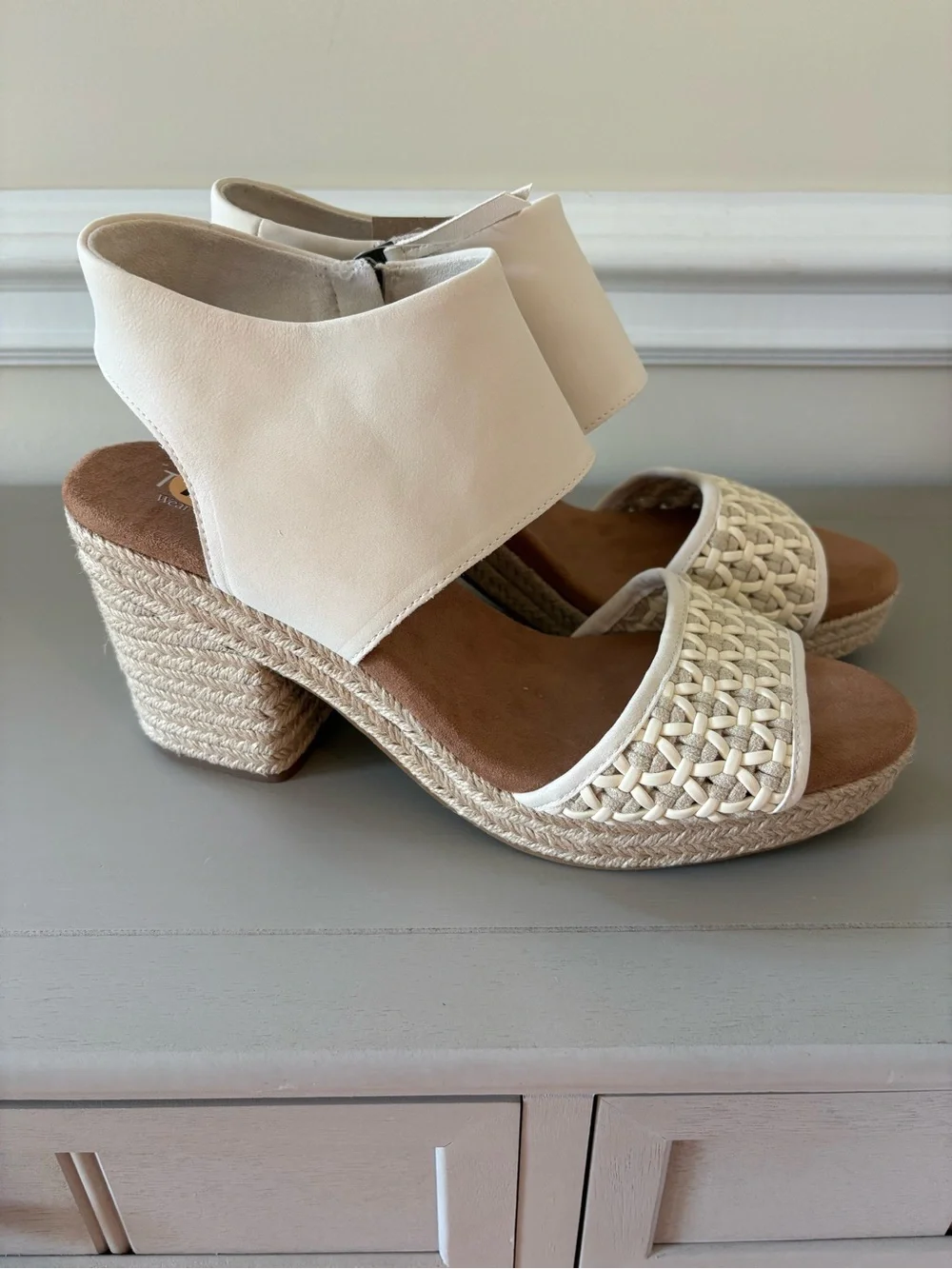 Toms Cream Woven Espadrille Wedge Sandals with Ankle Cuff